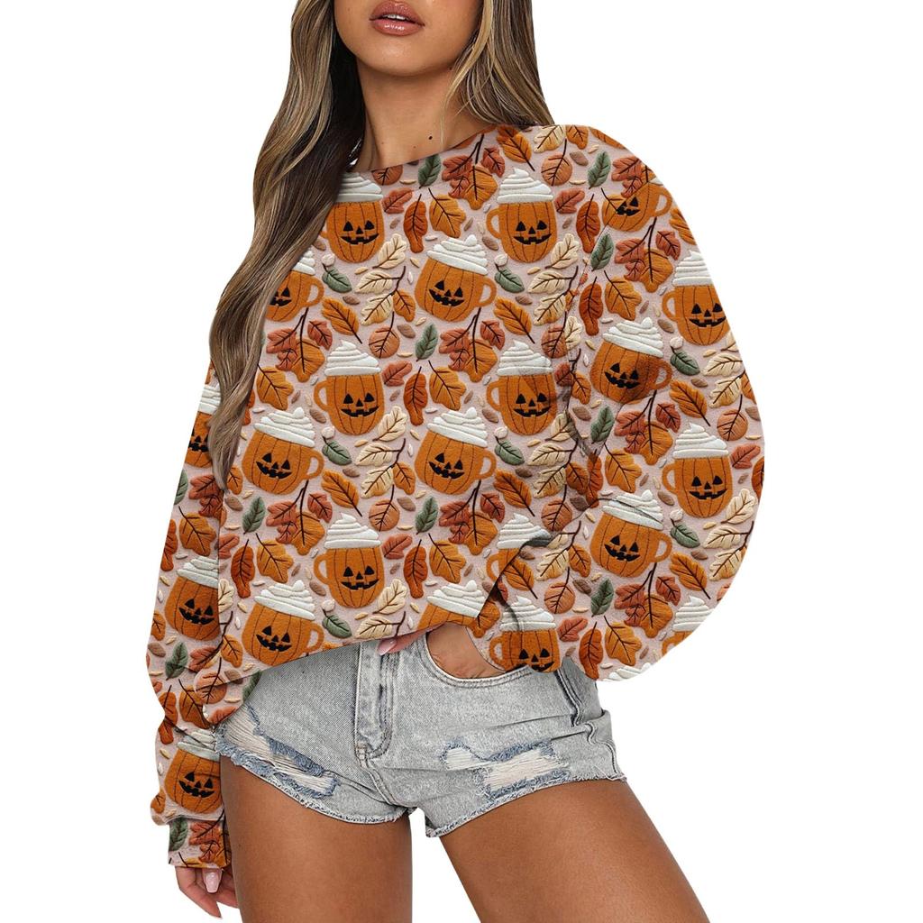 Свитшоты для женщин с длинным рукавом на Хэллоуин, повседневные, с круглым вырезом, свободные, пуловеры, свитшоты, топы