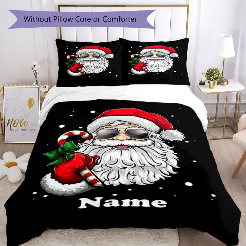 3pcs Custom Name Christmas Santa Claus Bedding Set Duvet Cover Closure Includes 1 Duvet Cover & 2 Pillowcases, Soft and Comfortable for All Seasons.