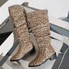 Модные осенне-зимние новые остроносые плиссированные женские ботфорты из искусственной кожи, обувь в стиле ретро на квадратном каблуке до колена, западные ковбойские сапоги с леопардовым принтом
