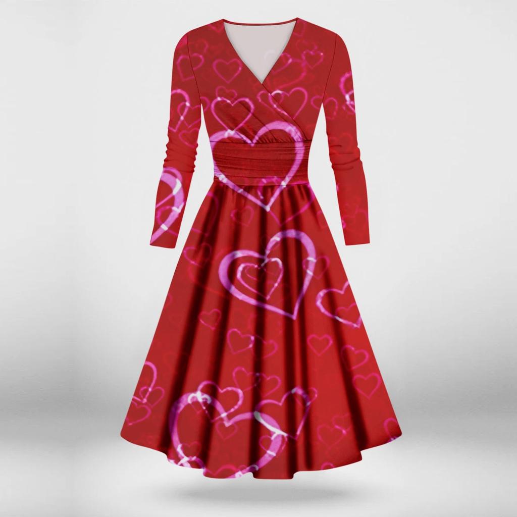 Женское модное повседневное платье с принтом ко Дню святого Валентина, длинными рукавами и V-образным вырезом, сексуальное платье