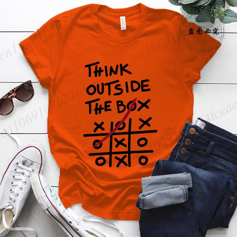 Think Outside The Box Printed Women T-Shirts, Women's Casual Tee Shirts Clothing Short Sleeve Crew Neck Top for Summer & Spring