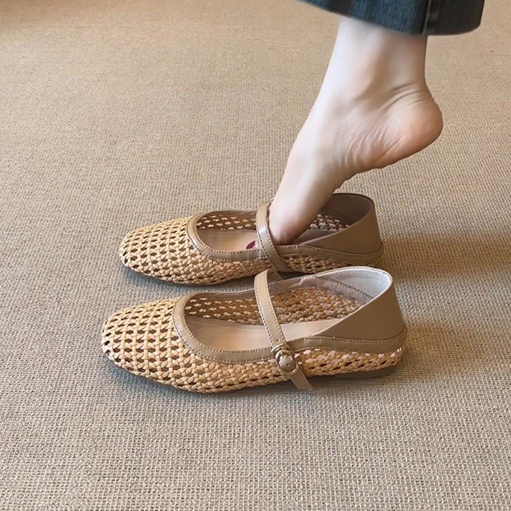 Commuter Version~ French Literary and Artistic Style Woven Hollowed-out Outer Wear Breathable Mary Jane Sandals Women's Word with Flat Shoes
