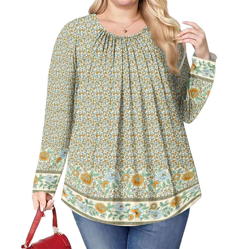 Women's Plus Size Fashion Printed Casual Pleated Round Neck Long Sleeve Top