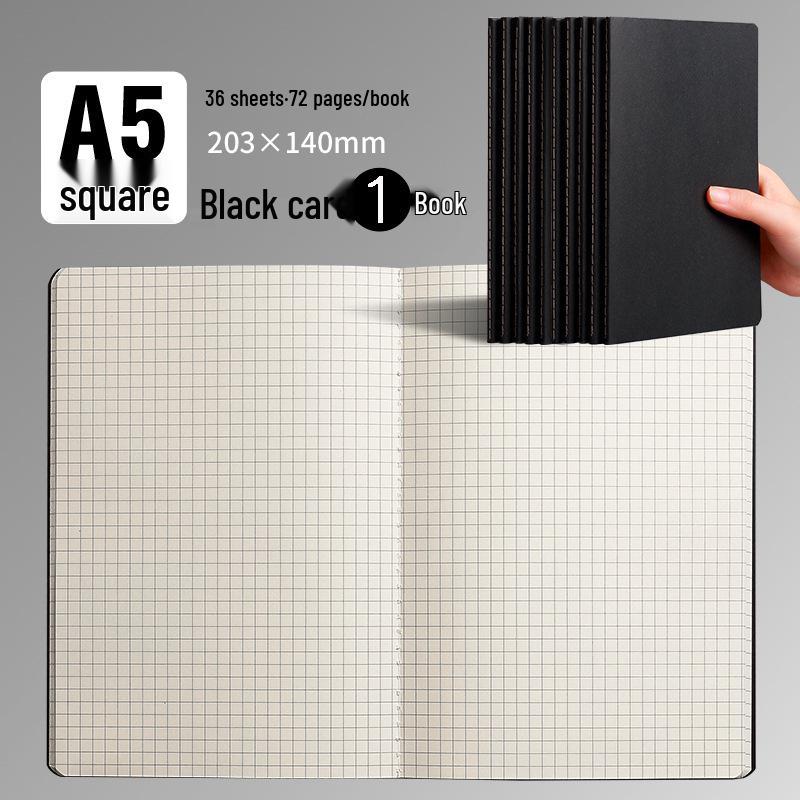 A5/A4 Black Kraft Paper Notebook with Lined, Grid, and Blank Pages - Extra Thick Saddle Stitch Book