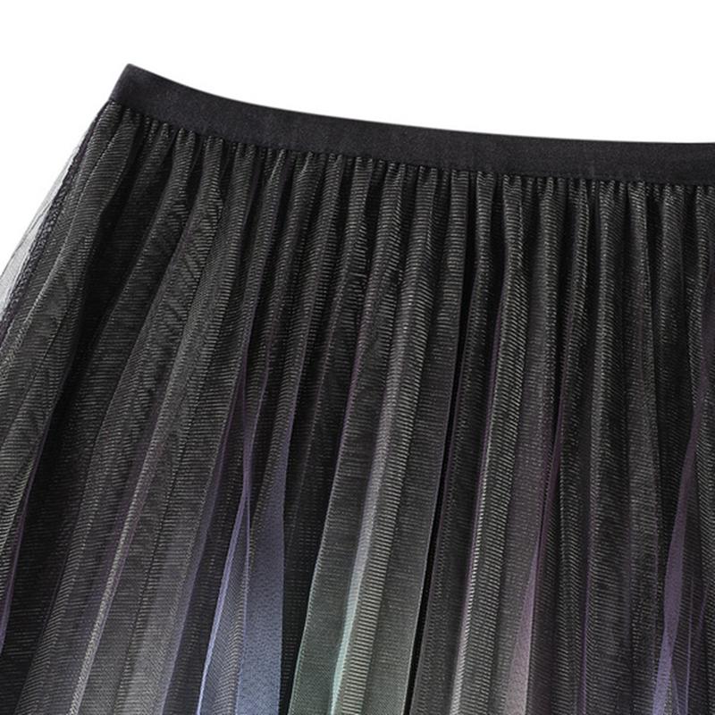 Qooth Женская тюлевая юбка трапециевидной формы с радужным градиентом, элегантная юбка трапециевидной формы из блестящей сетки с высокой талией на весну и лето QT2128