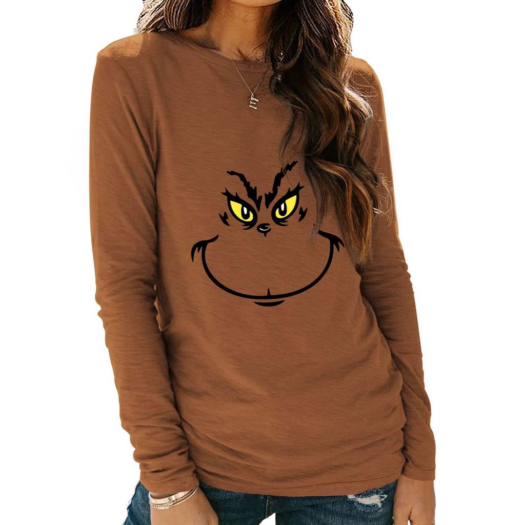 Women's Shirts Christmas Print Long Sleeve Round Neck Basic Loose Pullover Tee Top