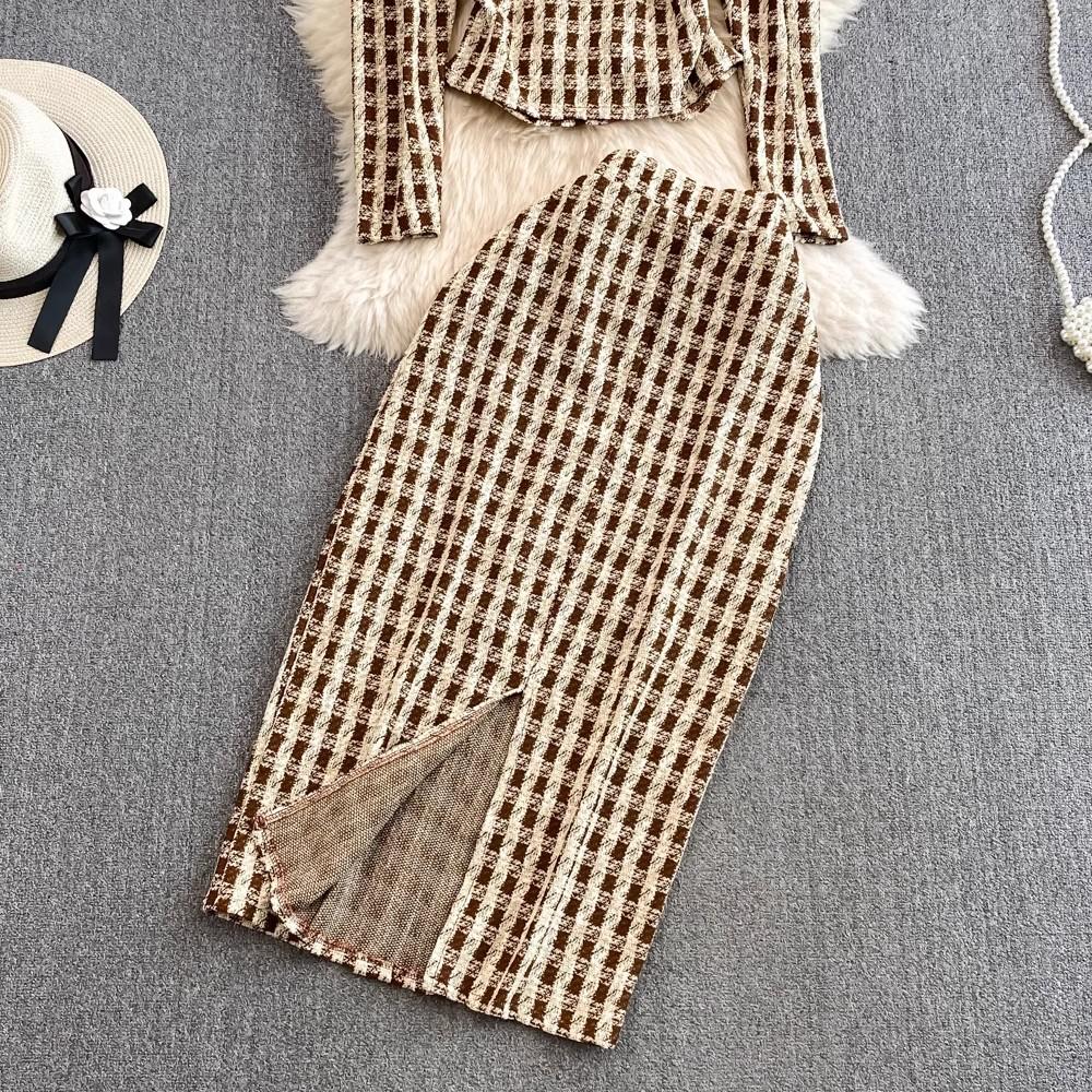 Осенне-весенний клетчатый твидовый костюм с небольшим ароматом, женский короткий пиджак с v-образным вырезом, пальто + длинная юбка-карандаш на пуговицах, комплект из двух предметов