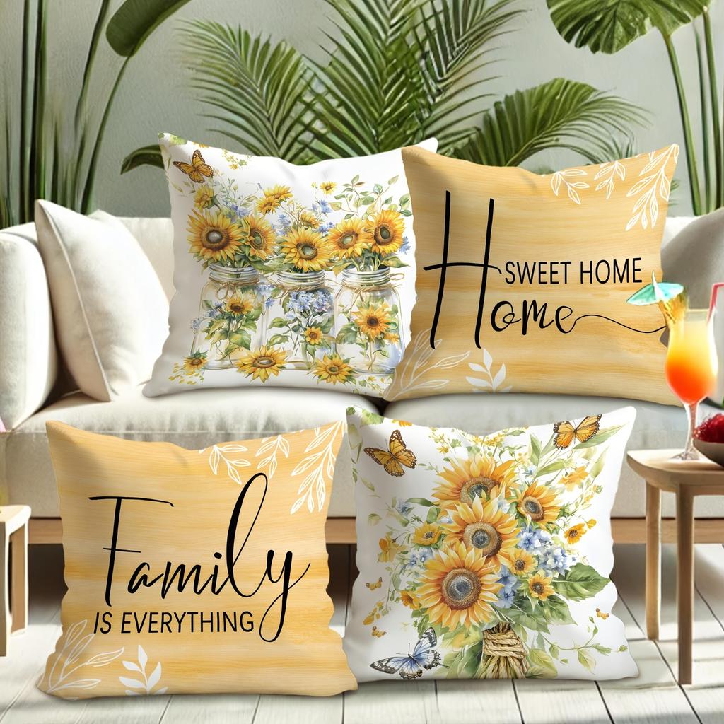Sunshine-inspired pillow cover: bright sunflowers, smart butterflies and warm family words, sofa cushion cover
