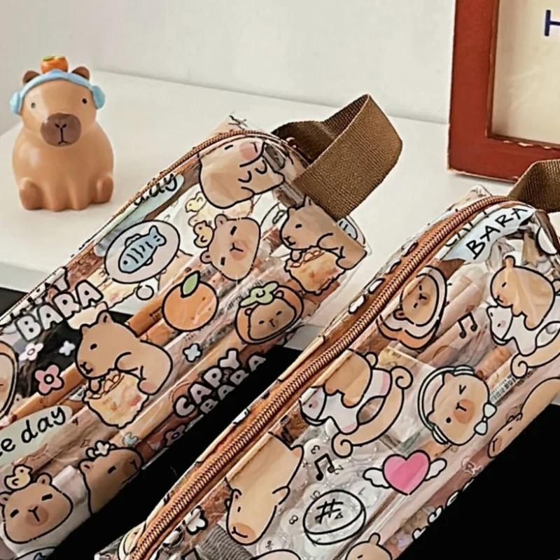 Милый пенал Capybara для детей, милый пенал с изображением животных из мультфильма Capybara, большая вместимость, прозрачная сумка для хранения канцелярских принадлежностей