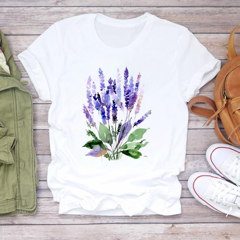(Азиатский размер) Футболка с цветочным принтом и круглым вырезом, модная футболка, женская одежда, повседневная женская футболка с коротким рукавом и принтом, женская футболка с графикой