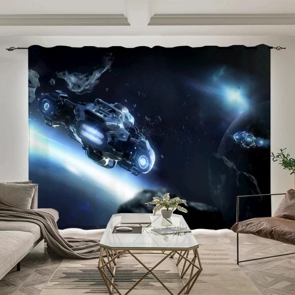 Outer Space Astronaut Style High Blackout Drapes Whale Planet Sci-Fi Indoor Shading Drape Children Bedroom Space Curtain Contemporary Design