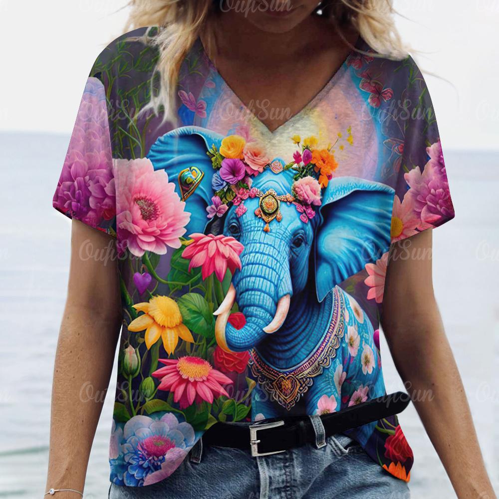 Топ Женская футболка с принтом слона Женская футболка большого размера Летняя женская одежда Футболки с V-образным вырезом и принтом животных Женская мода