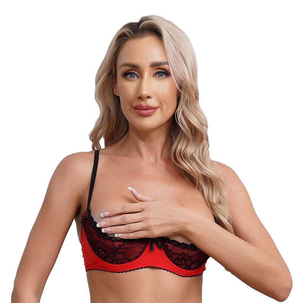 Women See Through Lace 1/2 Cups Balconette Bralette Padded Underwire Shelf Bra Tops