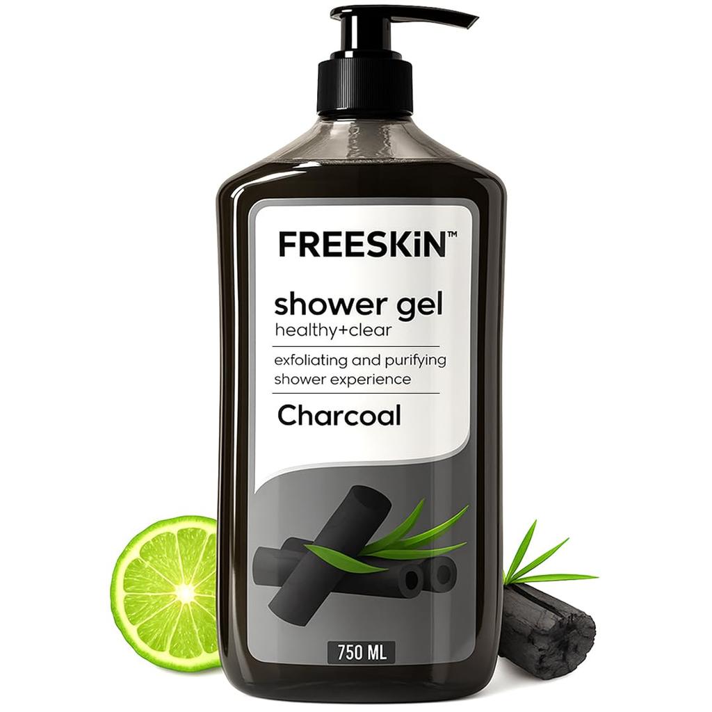 Freeskin Гель для душа с углем-750мл Здоровый + Чистый - Глубоко очищающий гель для душа с активированным углем для чистой, здоровой кожи - Удаляет загрязнения