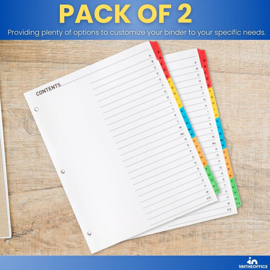 1InTheOffice Alphabet Dividers for 3 Ring Binder, Binder Dividers with Tabs Alphabetical, 2 Pack