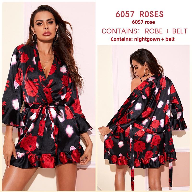 Пижама с принтом в виде листьев, женская летняя шелковая ночная рубашка, халат, домашняя одежда для женщин