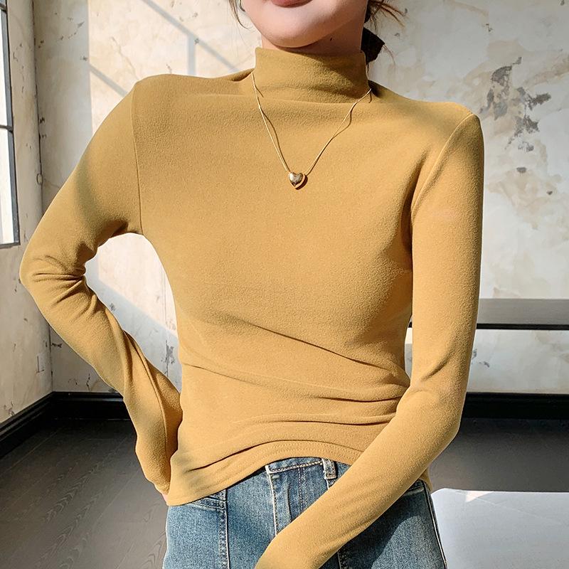 H679 Женский приталенный однотонный теплый топ с полувысоким воротником и длинными рукавами для осени/зимы