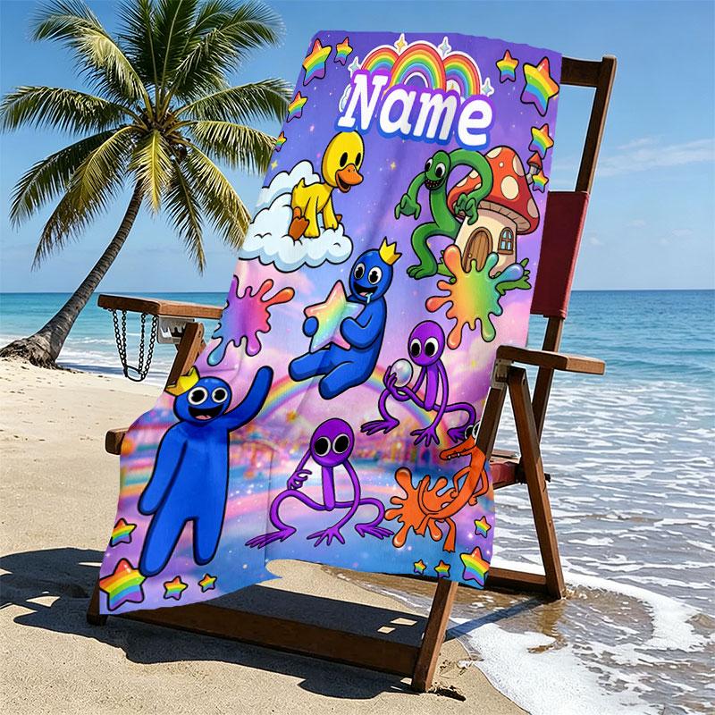 Custom Name Personalized Game Rainbow Friends Print Beach Towel, for Trip Camping Beach Party Home Decor, Birthday Gift for Family & Friends
