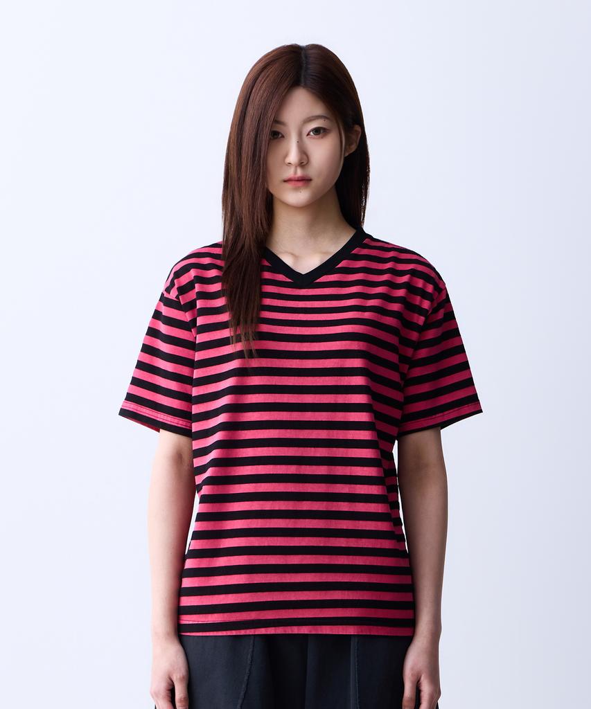 ADERNM Summer Daily Big Stripe Crop V-Neck T-Shirt Pink