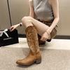 2025 European and American Summer New Pointed Middle Heel Retro V-mouth Western Boots Sleeve Long Thick Heel Embroidered Fashion Boots