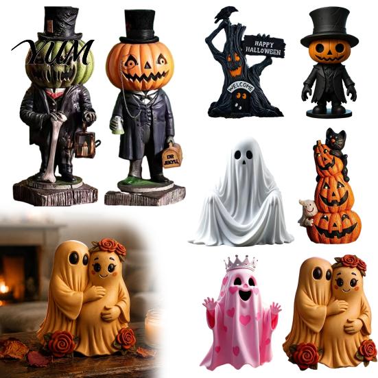 Small Autumn Pumpkin Crafts Spooky Halloween Figurine, Resin Scary Ghost Tabletop Decoration Table Centerpieces for Tiered Tray, Shelf, Mantel,