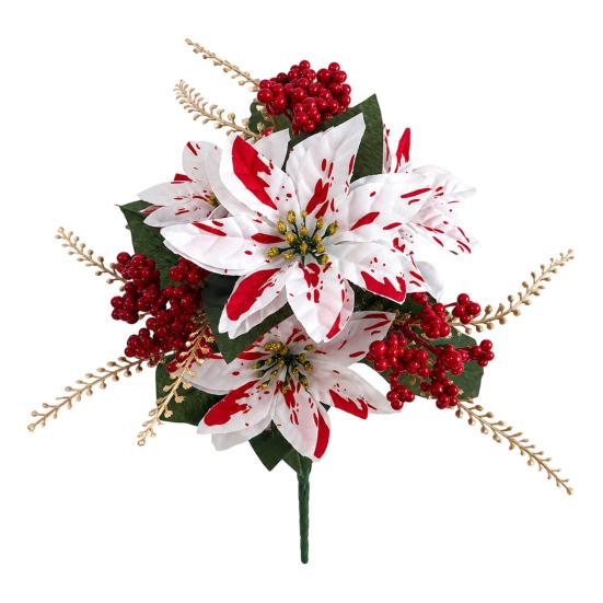 Outdoor UV Resistant Greenery 5/7/10/12 Heads Artificial Poinsettia Flowers, Christmas Fake Floral Berry Centerpiece, Vibrant Lush Plant