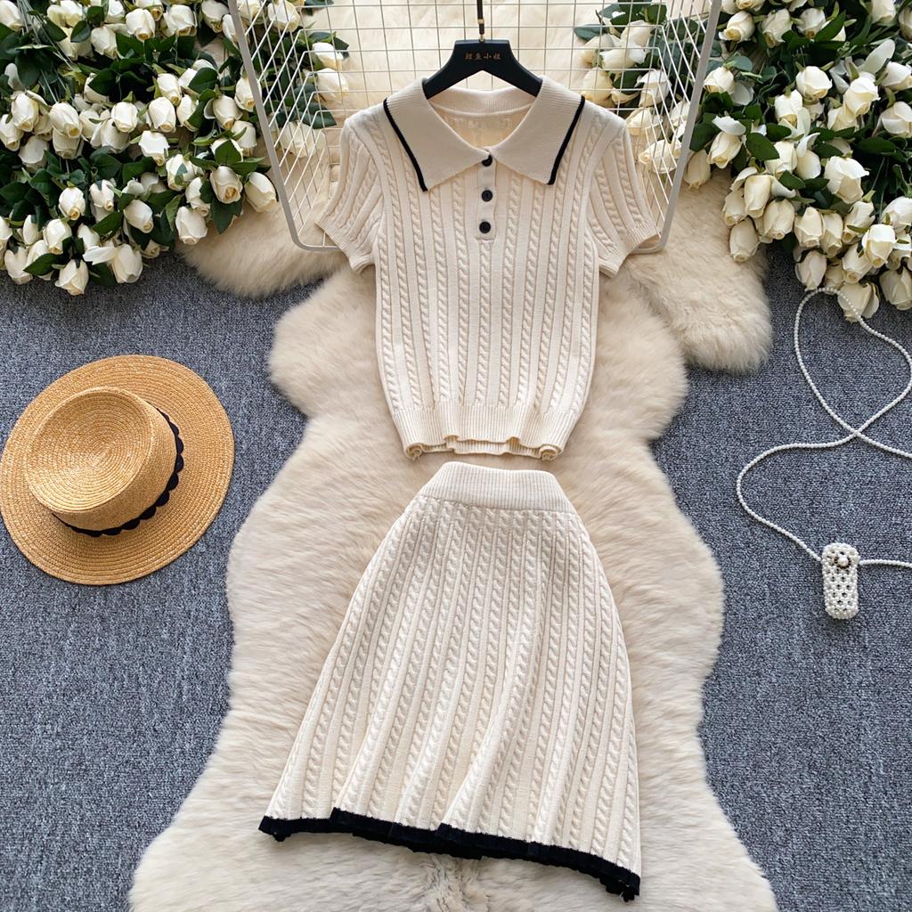 Модные трикотажные костюмы из двух предметов, обтягивающие рубашки поло с короткими рукавами и короткая юбка, женские простые летние комплекты