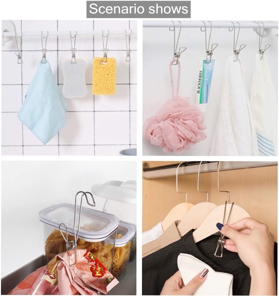 10 шт. прищепок из нержавеющей стали с крючками, металлические пружинные зажимы с крючками, универсальные подвесные зажимы для офисов, кухонь, ванных комнат