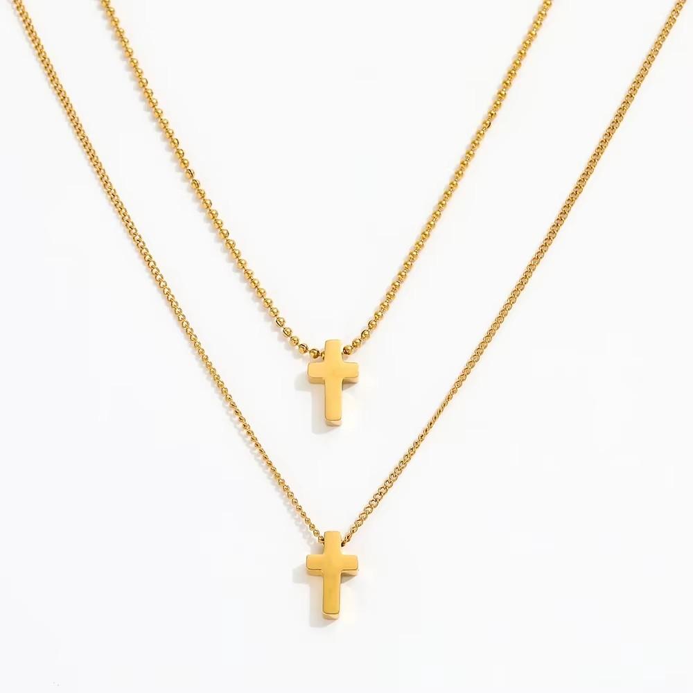 Fenny 18K Gold Plated No Fade Fashion Permanent Double Layer Cross Pendant Stainless Steel Necklace for Women