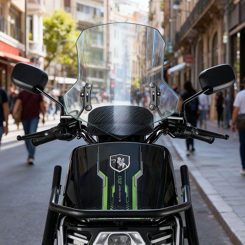 Black Knight Electric Vehicle Front Windshield Modification: Heightened Transparent Wind Deflector with Chest Protection.