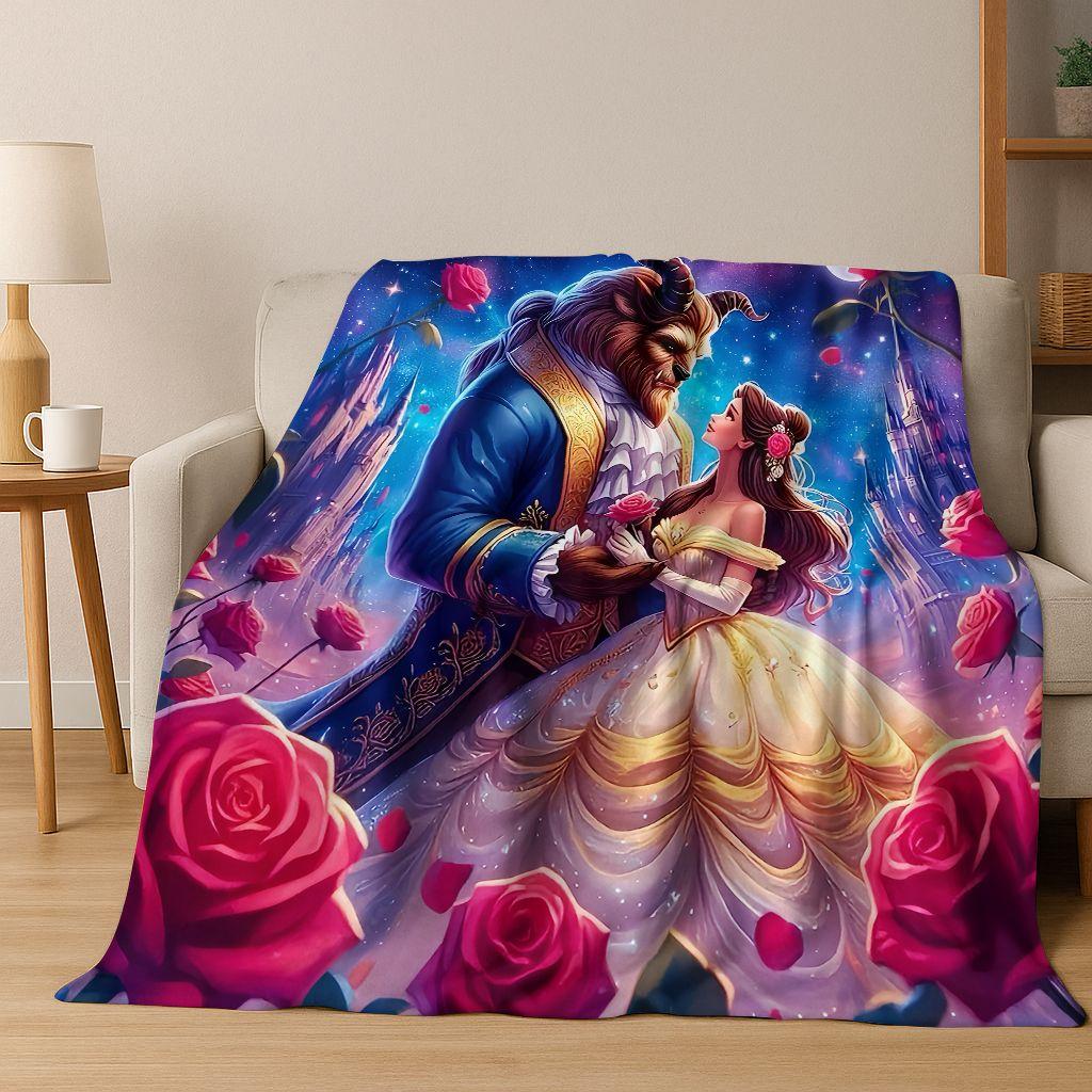3D Beauty and The Beast Lovely Cartoon Flannel Blanket,Warm and Cozy Soft Throw Blanket for Home Bedroom Bed Sofa Cover Gift Kid
