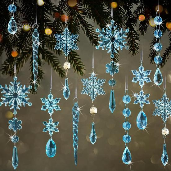 18Pcs Christmas Snowflake Ornaments Hanging Acrylic Crystal Snowflakes Icicle Drop Decorations for Christmas Tree Winter Party Decor
