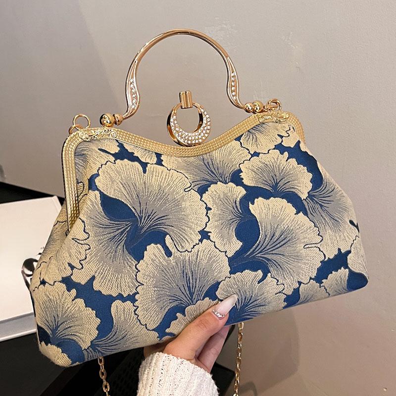 Floral Print Small Tote 2024 Designer Luxury Women Green Handbags Party Clutch Female Dinner Chain Shoulder Bags Messenger Bags