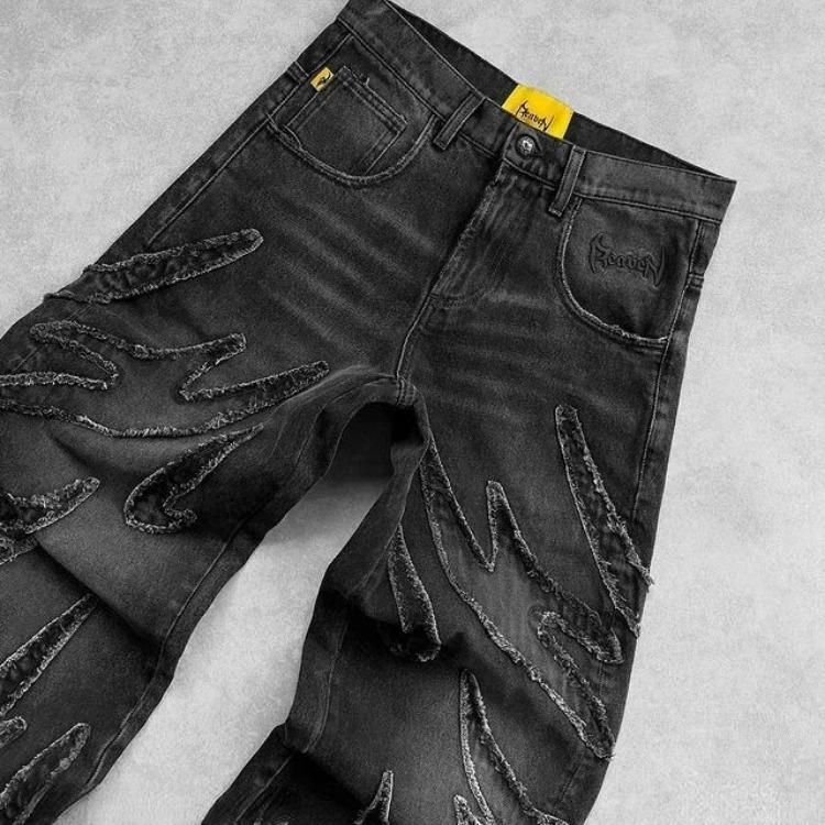 Джинсы Y2k в стиле хип-хоп, мешковатые для мужчин, состаренные, в стиле ретро, черные брюки с вышивкой, харадзюку, готические, широкие брюки, уличные брюки