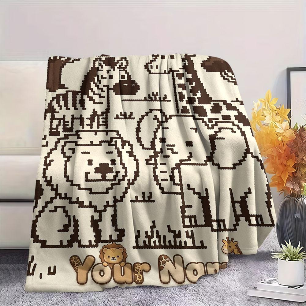Custom Name,Cute Safari Animal Series Printed Flannel Blanket, soft throw for bedroom sofa, washable,fan merchandise, great gift.chl