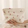 Hand Painted Cherry Corduroy Drawstring Makeup Bag Lightweight Travel Toiletry Pouch Bohemian Style Cosmetic Organizer