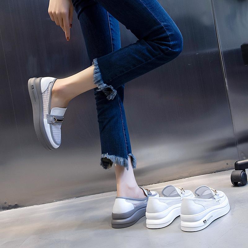 Leather little white shoes women's 2025 summer new thick-soled heightening one-pedal casual single shoes women's mesh breathable women's shoes