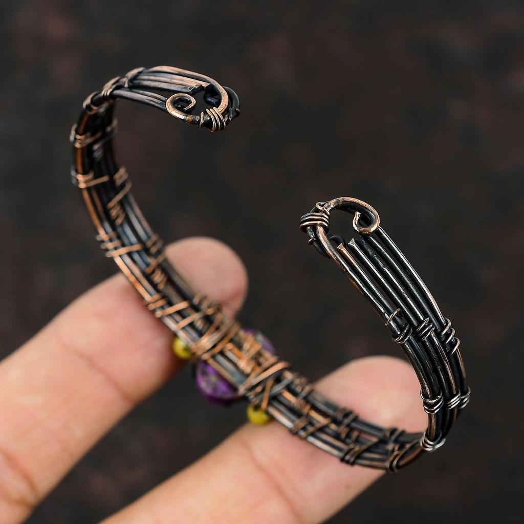 Медный Фиолетовый Бирюзовый Браслет Желтый Коралл и Лазурит Бусы Манжеты Медная проволока Ювелирные Изделия Регулируемый Браслет Драгоценный Камень Манжета Ручной Работы