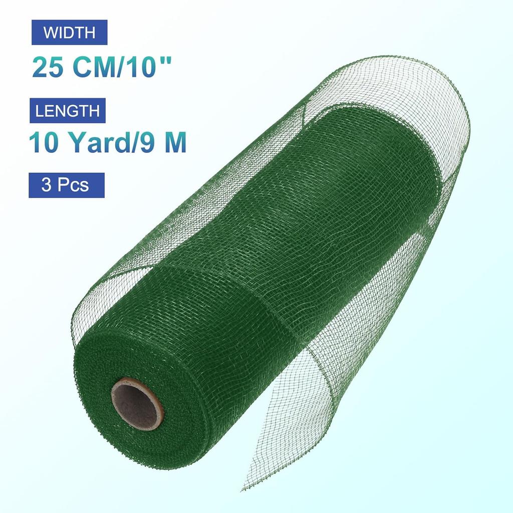 MECCANIXITY 3pcs 10 Inch Poly Burlap Mesh for Wreath, Decorative Mesh Fabric Ribbon 10 Yard for Fall Easter Christmas Flower Bow, Dark Green