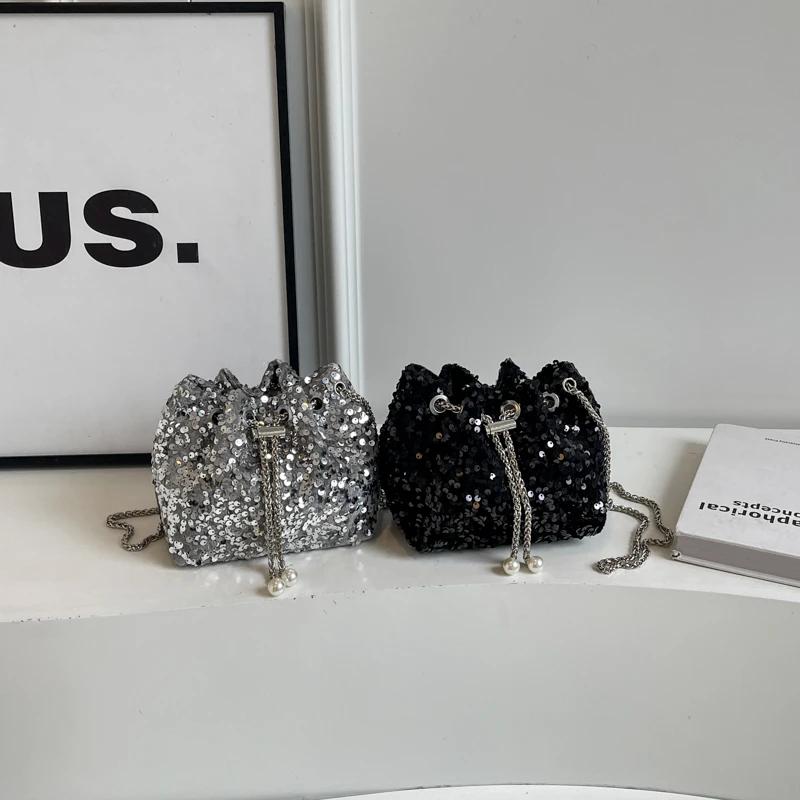 Портативная сумка с пайетками для женщин, новая модная сумка-ведро, универсальная сумка через плечо на одно плечо для ужина