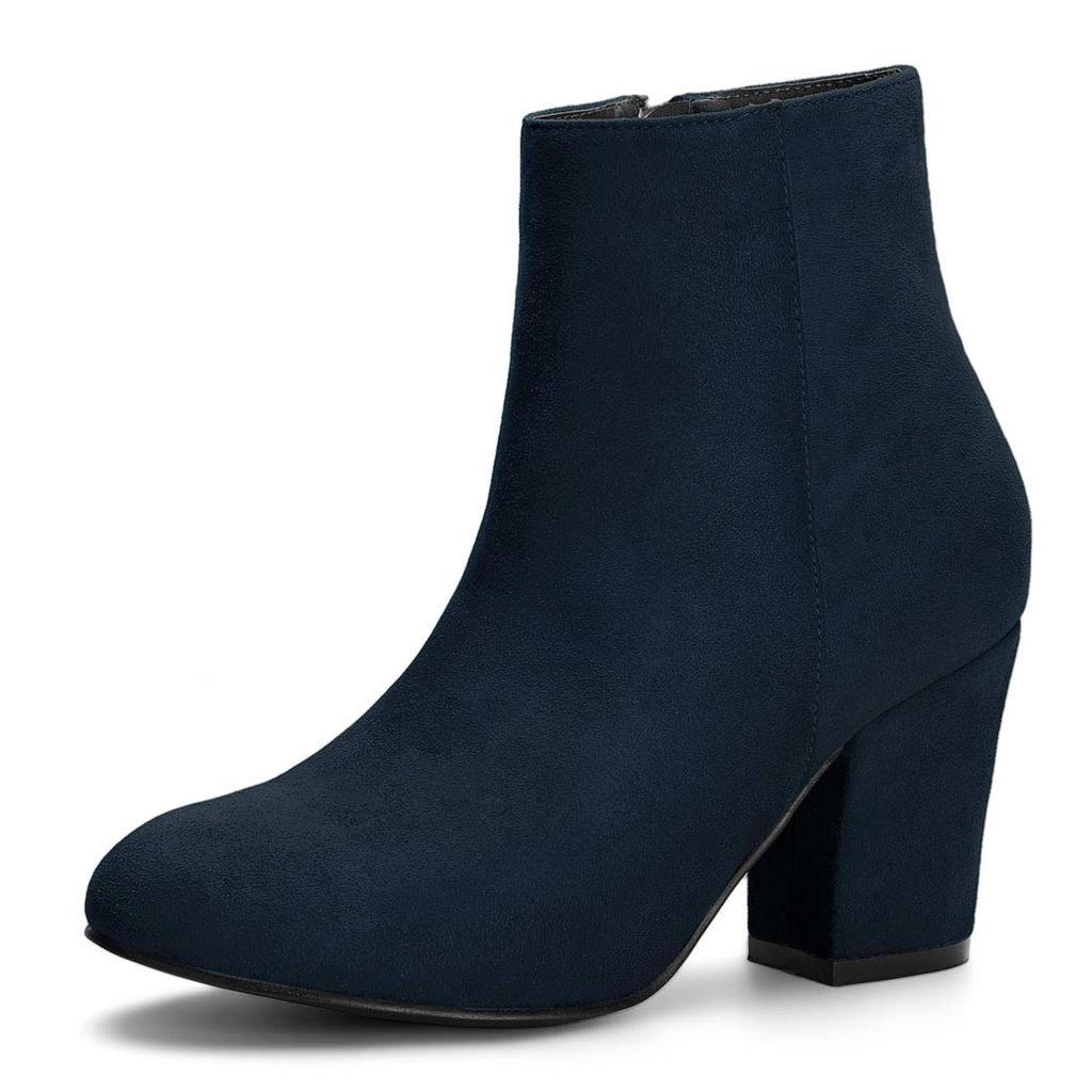 Allegra K Women's Navy Blue Round Toe Ankle Boots with Side Zipper and Chunky Heel, Size 24.5cm