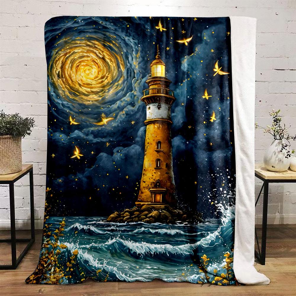 A glowing lighthouse with golden swirls, fireflies, and ocean waves. for all seasons blanket lunch break throw gift