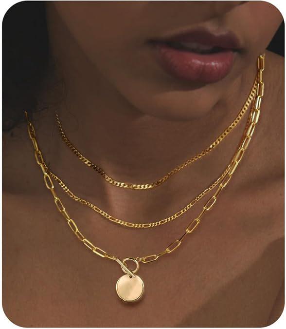 Женский многослойный чокер-ожерелье с золотым покрытием - Набор из 3 минималистичных цепочек кубинского плетения и скрепки