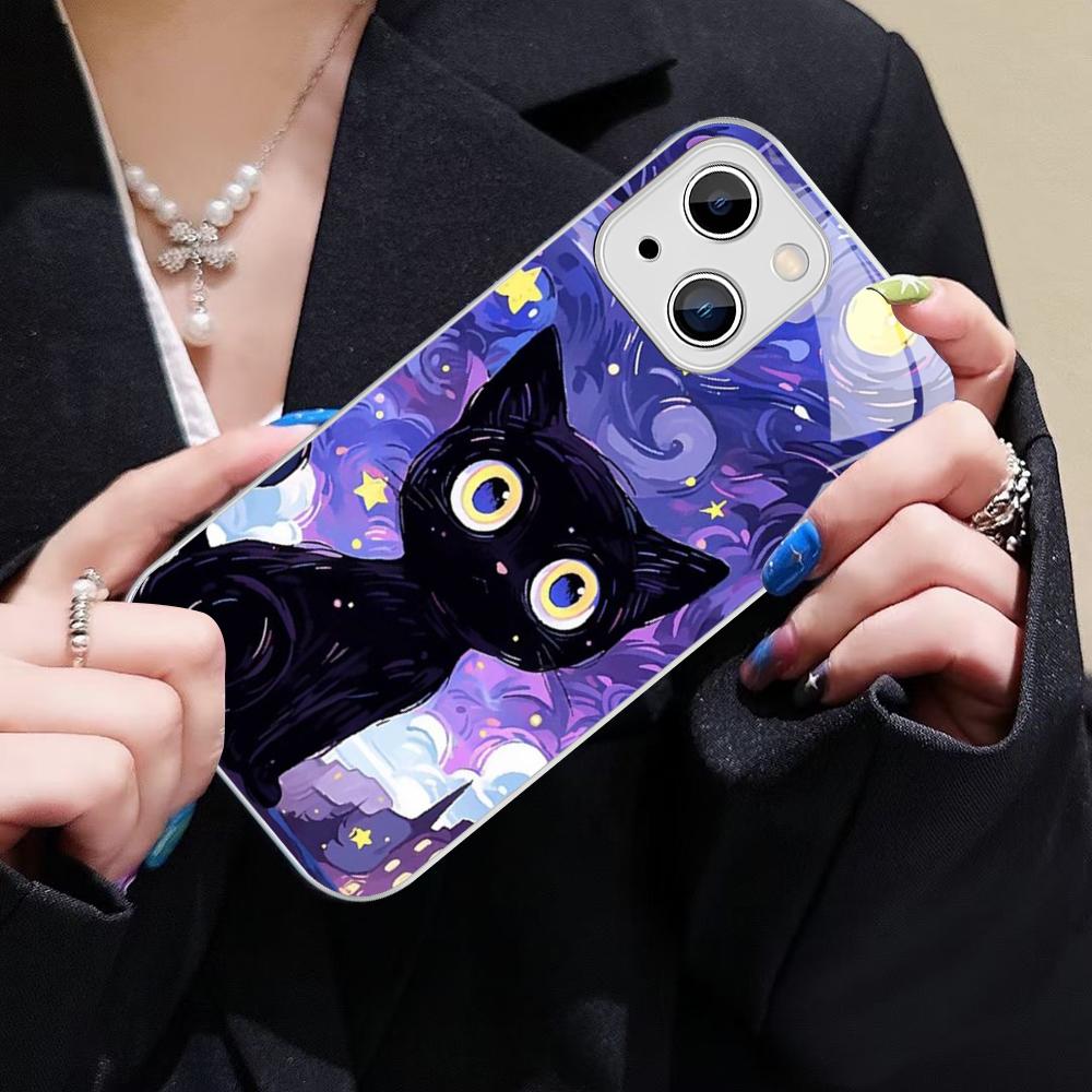 Чехол для телефона «Кошка в звездном небе» для IPhone 14 13 12 Mini 11 Pro XS Max X XR 14 Plus, чехол из закаленного стекла