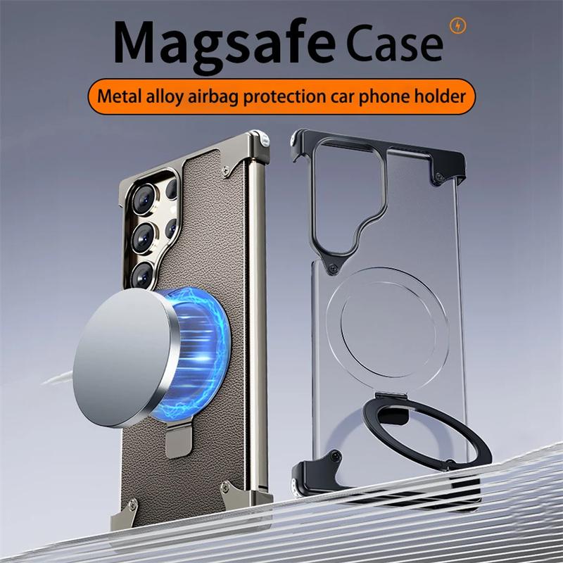 Чехол для Samsung Galaxy S24 S23 Ultra с металлической рамкой Magsafe, четырьмя угловыми подушками безопасности, прозрачным кожаным кольцом для пальца, держателем для телефона