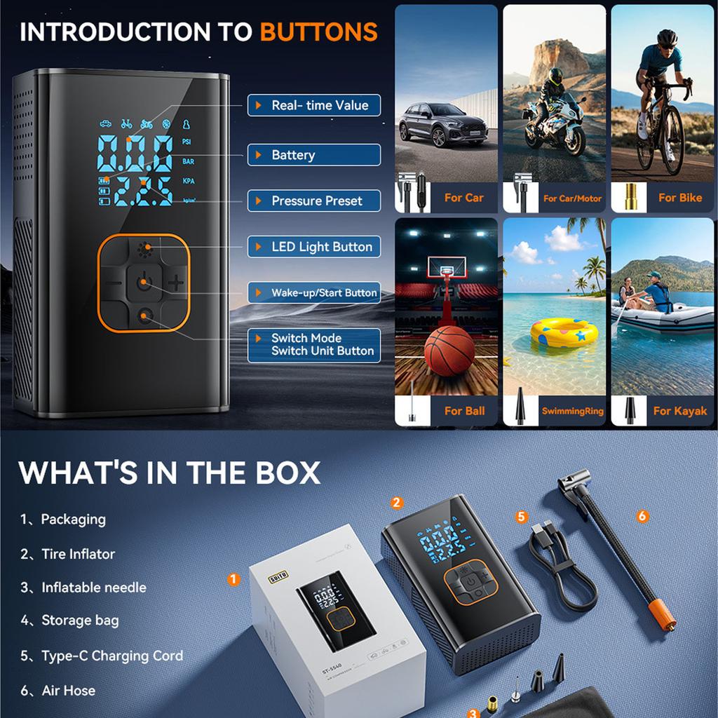 MotorX Накачка шин Портативный компрессор 2-го поколения, Большая накачка шин Скорость 0 секунд Быстрая накачка, Емкость аккумулятора 15000 мАч, 65 Вт
