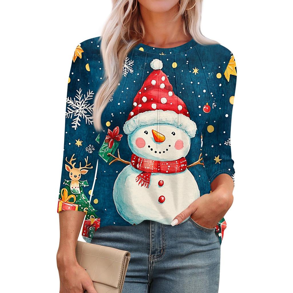 Женская модная футболка с круглым вырезом и рукавом 3/4 с принтом, повседневная, базовая, плиссированная, пуловер