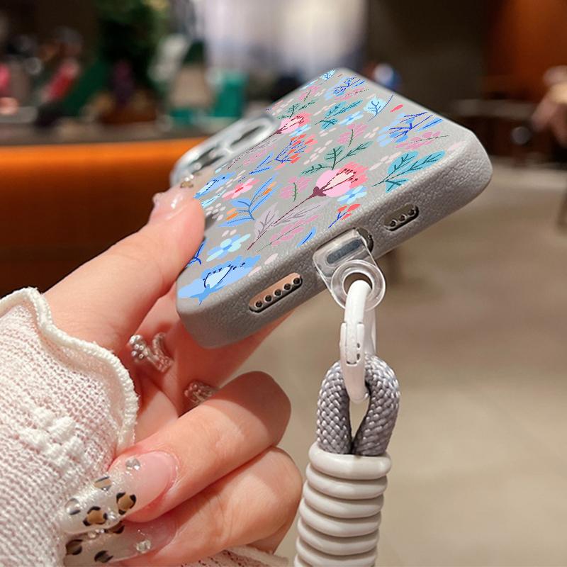 Чехол с цветочным узором и шнурком для iPhone 16 Pro 15 14 Plus 13 12 Pro Max 11, противоударный, кожаная текстура, мягкая, тонкая задняя крышка из ТПУ