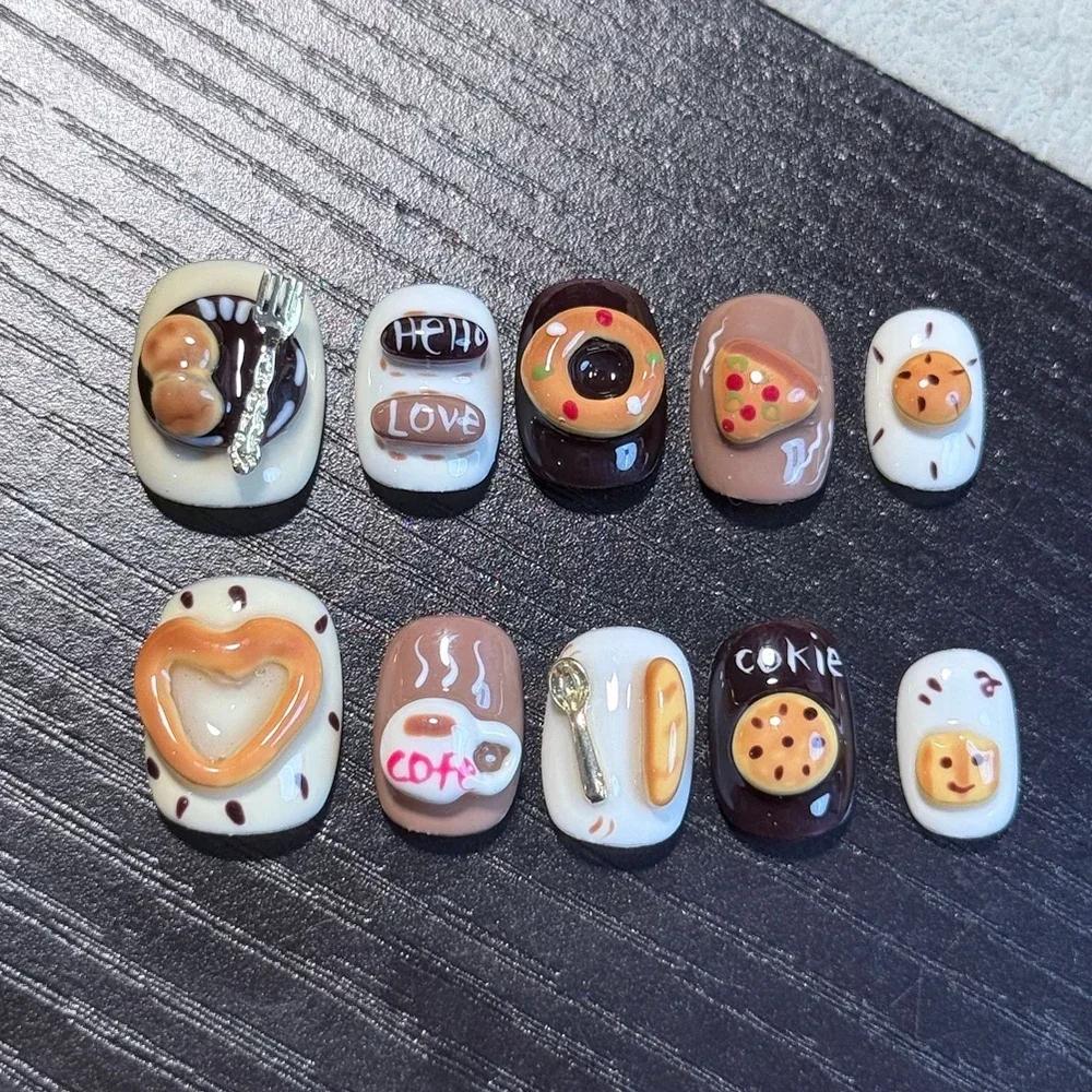 Cute Cartoon Animal Handmade Press On Nails With Cake Bread Bowknot Snowflake Apple Flower Stickers For Party Decoration