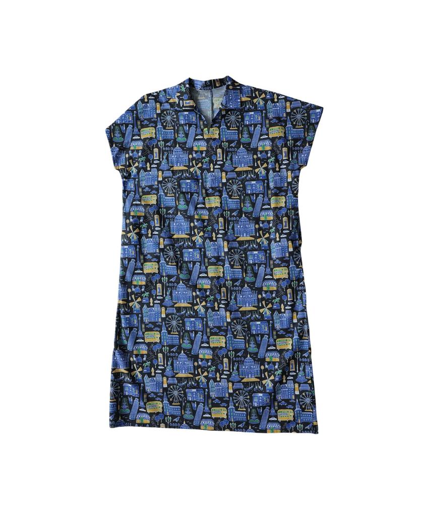Antiqua Pullover Dress with Street Skipper Relaxed 05 Black One Size [antiqua] Women's Short-Sleeved Long-Length Pattern, Collar, All-Over Print,